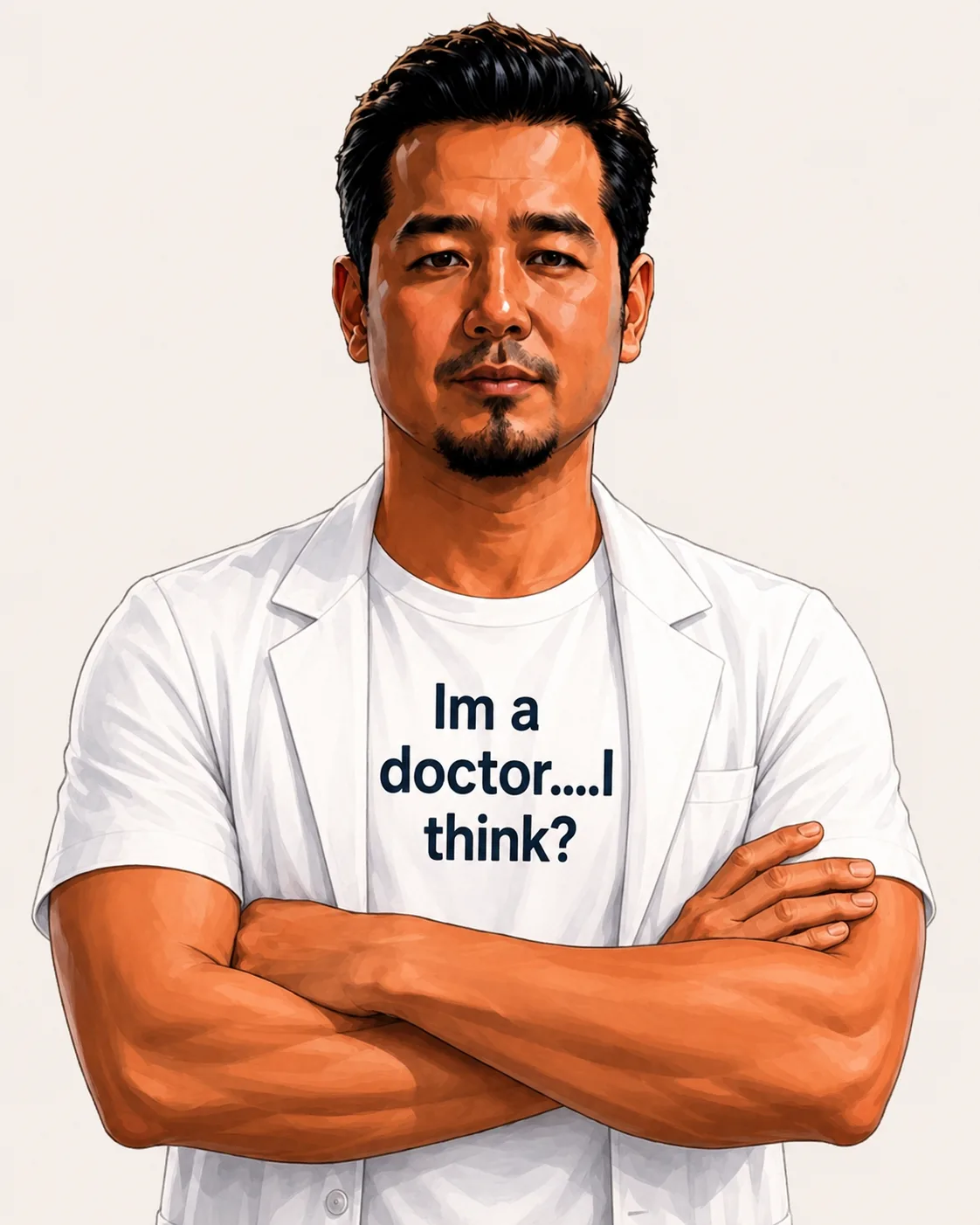 dr. Ferdi Iskandar berdiri dengan tangan bersilang mengenakan jas dokter putih dan kaos bertuliskan Im a doctor....I think?