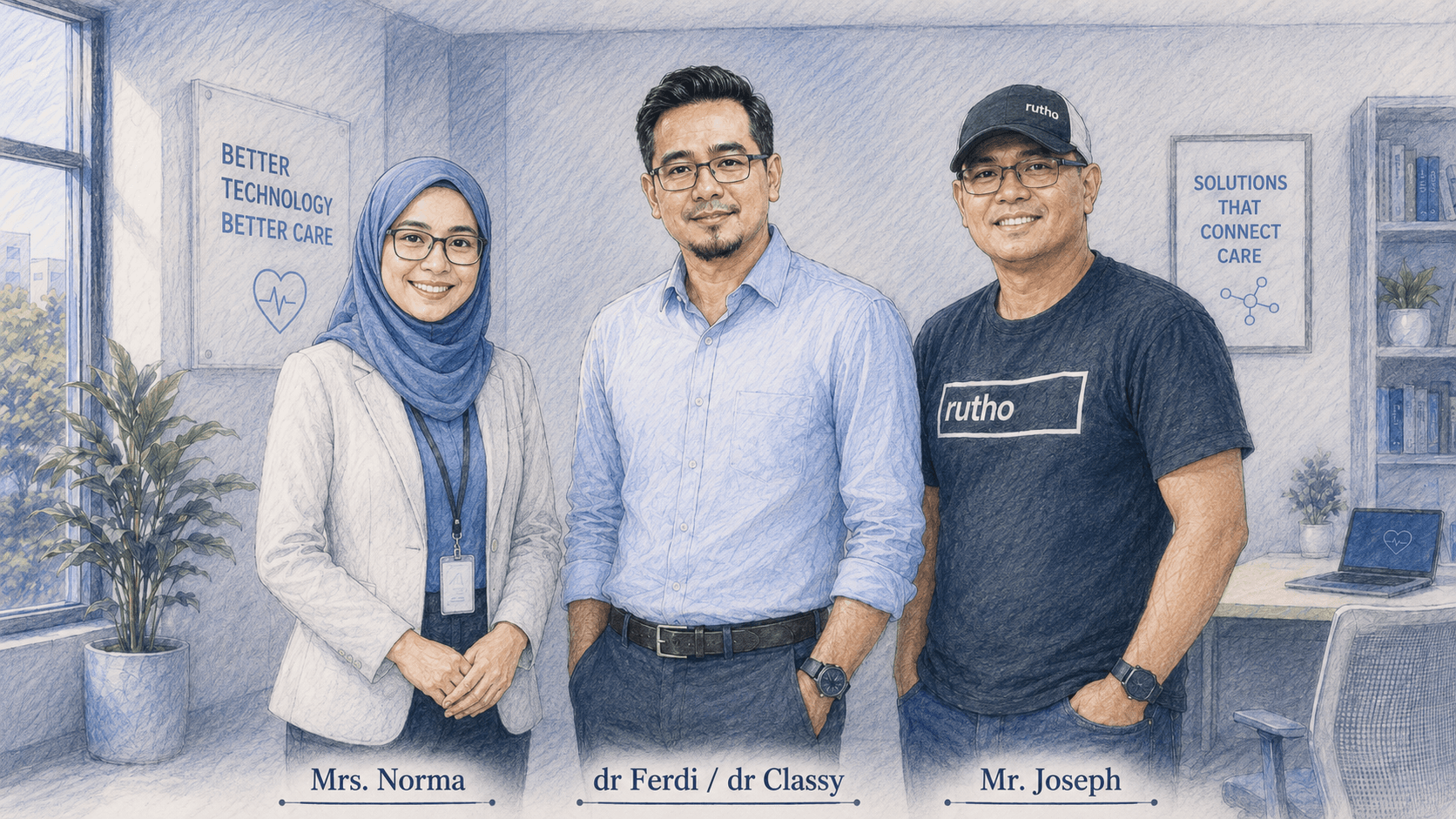 Sdr. Norma, dr. Ferdi Iskandar (dr Classy), dan Bpk. Joseph Arianto berpose bersama di ruang kerja inisiatif Sentra
